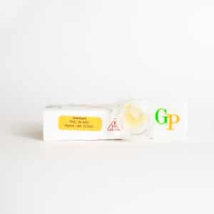 A small container of Diamond Wax 1g, labeled "Sherbert THC 84.06%, Hybrid," sits atop a white GP-branded box.