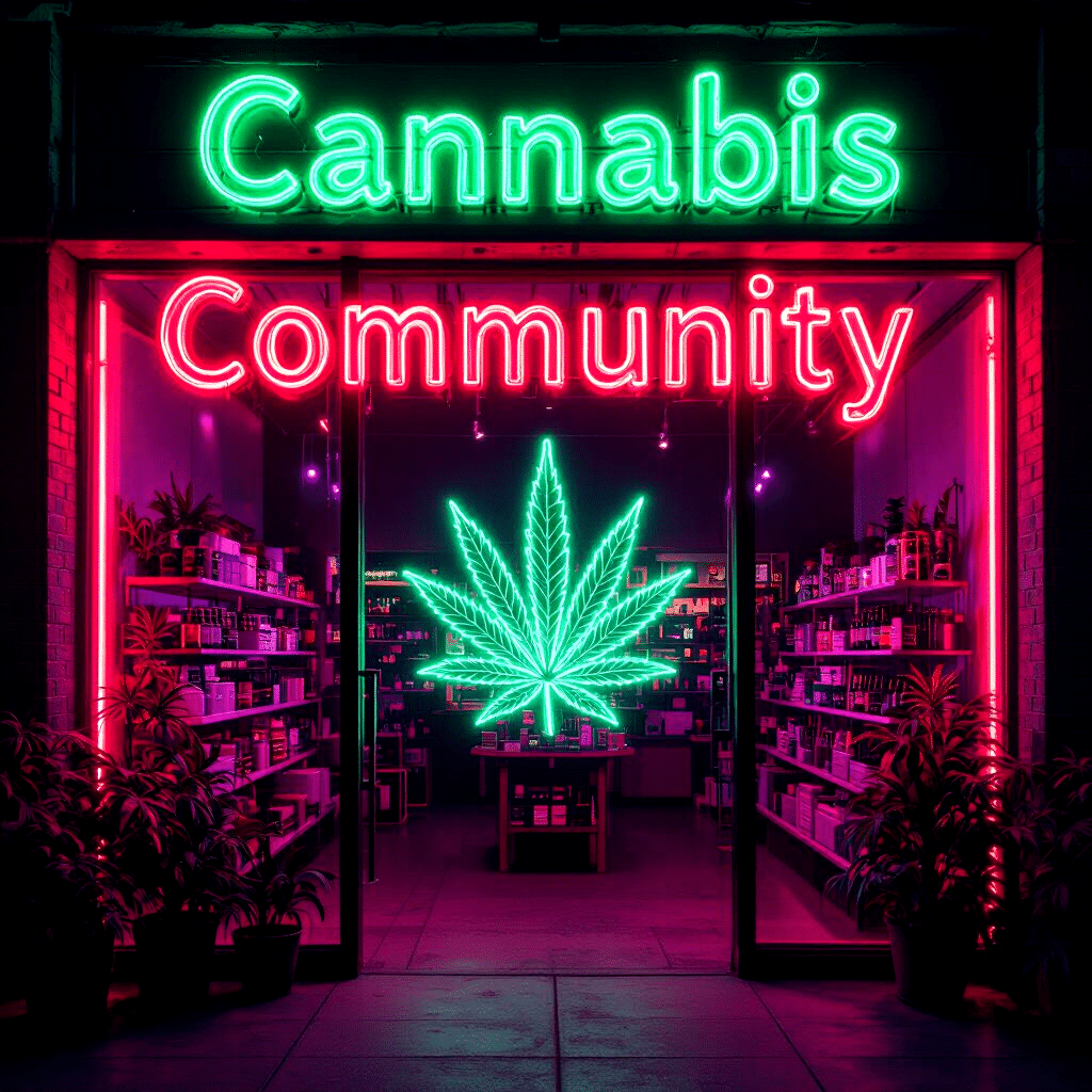 A storefront with neon signs reading