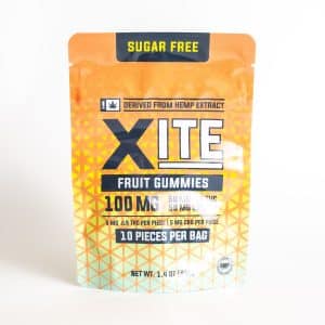 A bag of Xite Sugar Free 100mg Fruit Gummies - Xite contains 10 hemp extract-infused, sugar-free fruit gummies with a total of 100mg per bag.