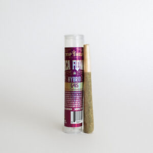 The G45 Pre-Roll - Hybrid - Top Shelf - 1g stands upright beside its labeled plastic tube container against a plain white background.