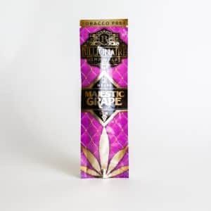 A pack of Billionaire Grape Wraps, tobacco free, features a purple and gold design with a hemp leaf image.