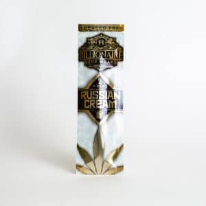 A pack of Billionaire Wraps Russian Cream by Billionaire, featuring a gold and white design with "Tobacco Free" and "2 Wraps" on the front.