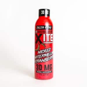 A red 8 oz bottle of Xite Wicked Watermelon Strawberry Drink - 30mg is displayed against a plain white background.