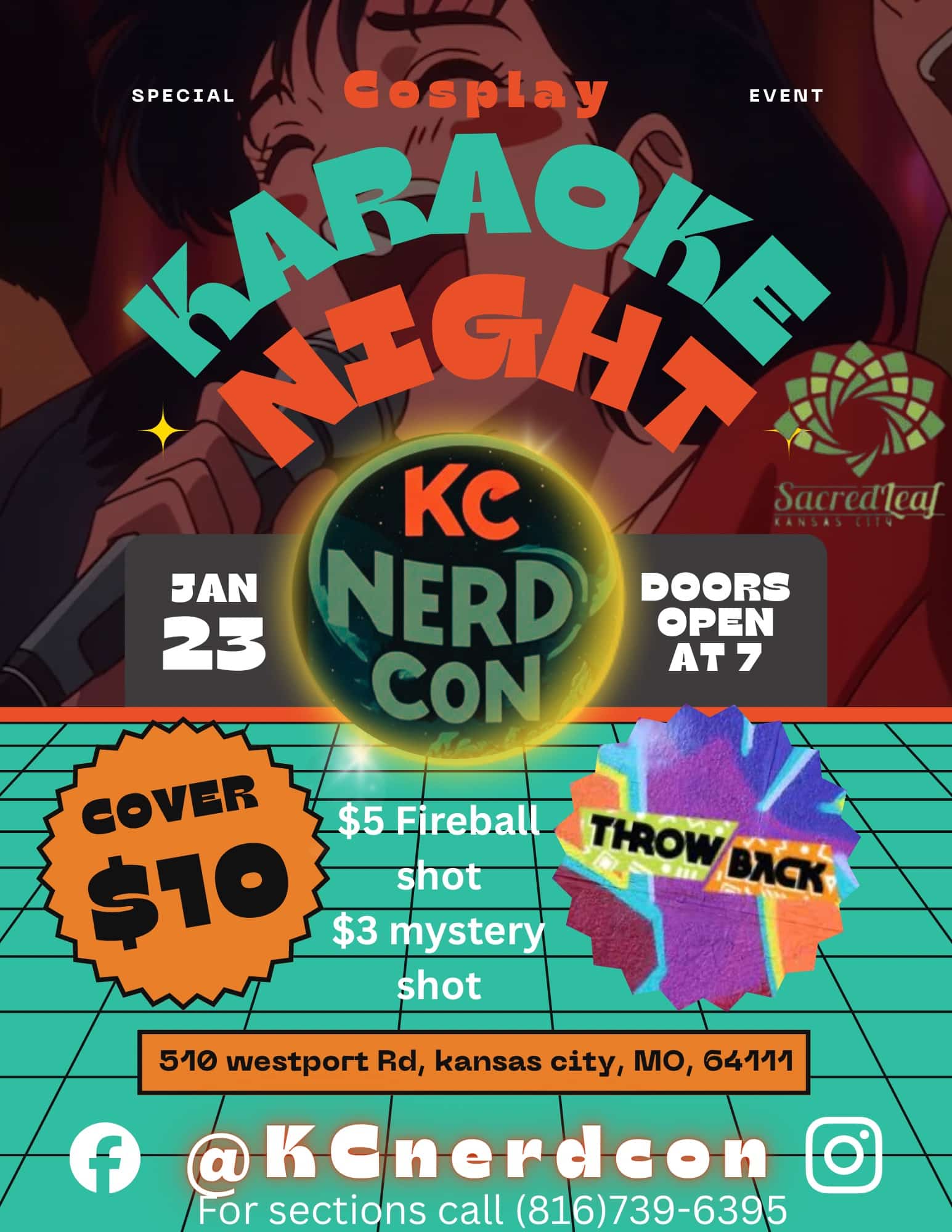 Colorful cosplay karaoke night flyer for KC Nerd Con on Jan 23, featuring $10 cover, drink specials, 7 PM doors, and location details at 510 Westport Rd, Kansas City, MO.