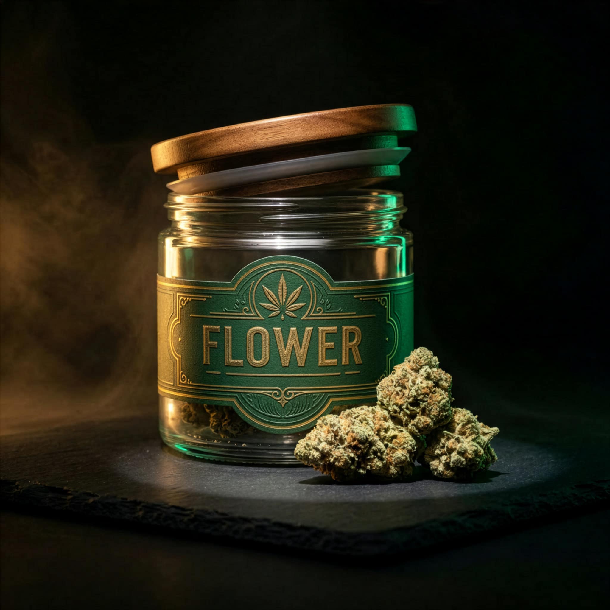 A labeled glass jar with the words 