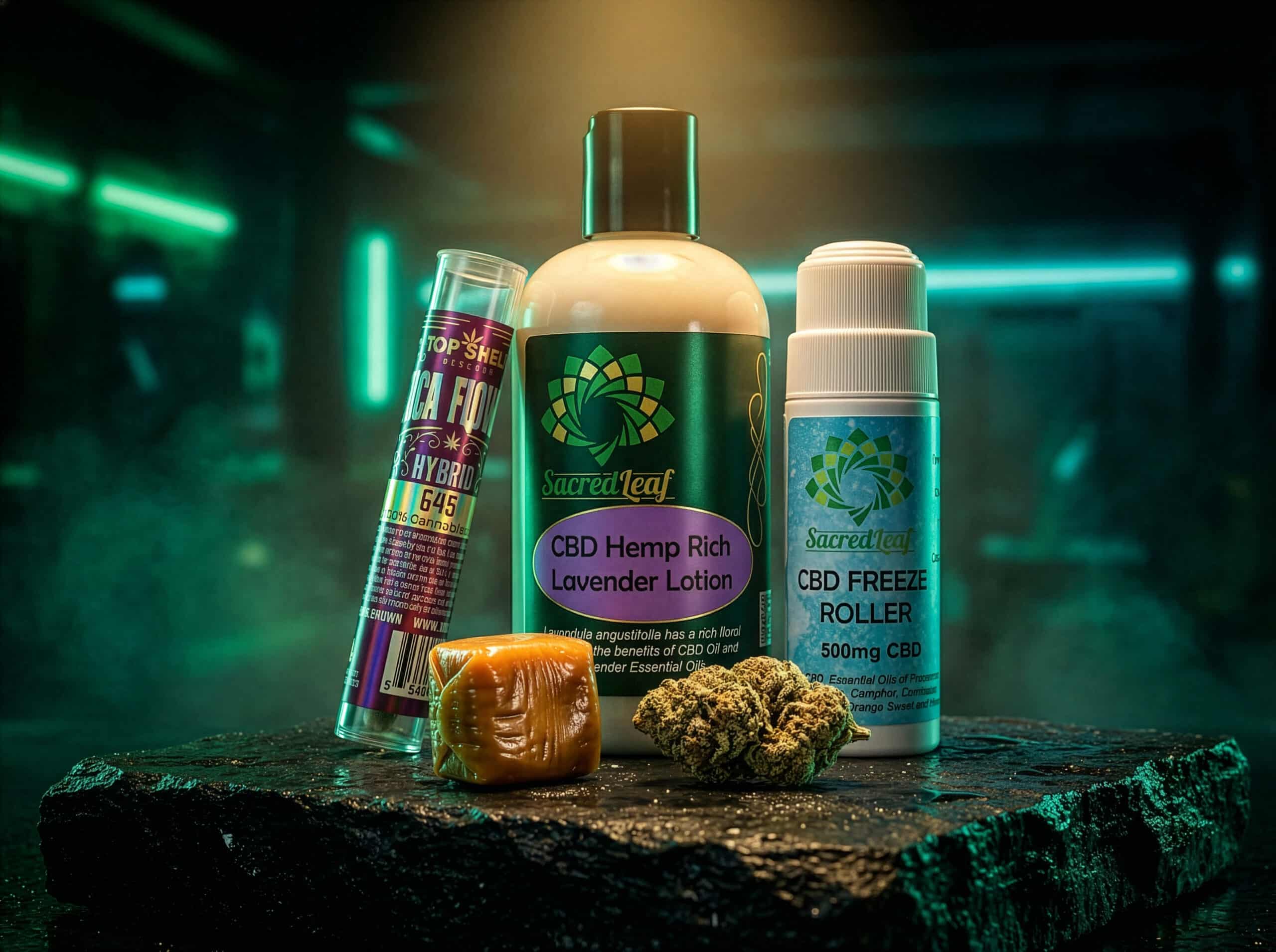 Assorted Sacred Leaf CBD products, including a vape cartridge, hemp lotion, freeze roller, a piece of caramel, and a cannabis bud, displayed on a dark stone surface in a moody, green-lit setting.