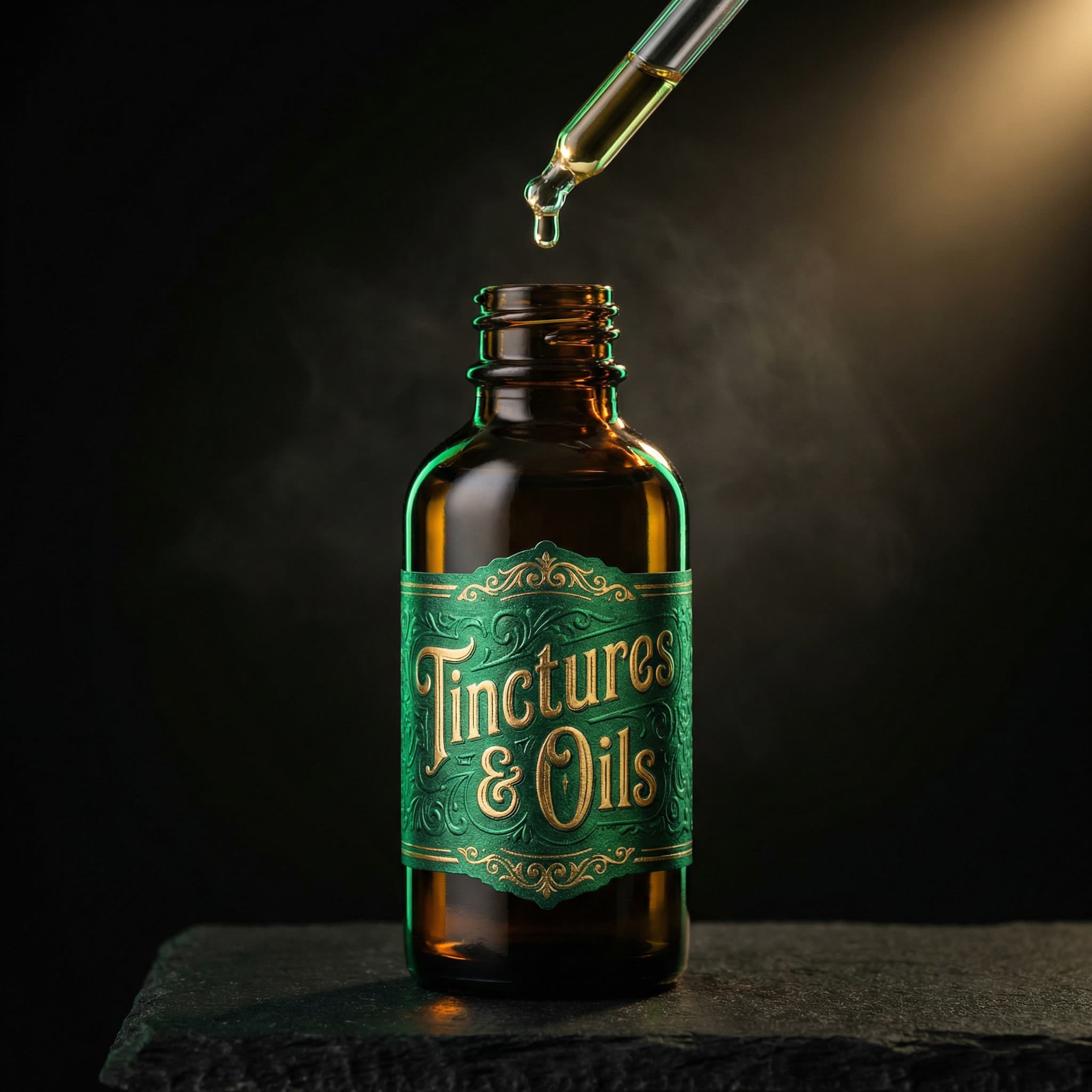 A dropper dispenses liquid into an amber glass bottle labeled 