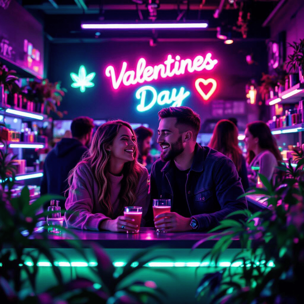 A couple sits at a neon-lit bar holding drinks, smiling at each other. A "Valentines Day" sign with a heart is illuminated in the background. Other people are present.