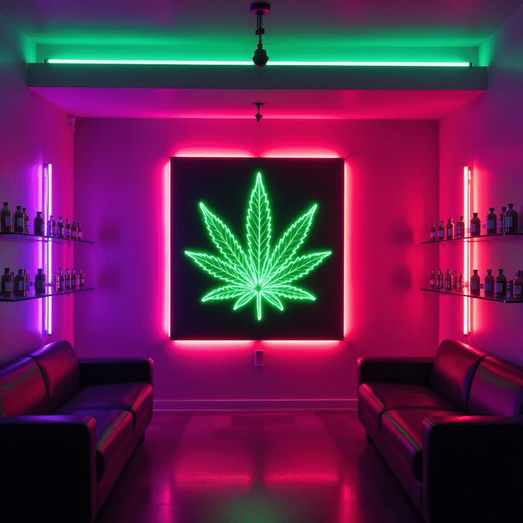 A neon green cannabis leaf sign is mounted on a wall in a lounge with pink and purple lighting, flanked by two black sofas and shelves with bottles.