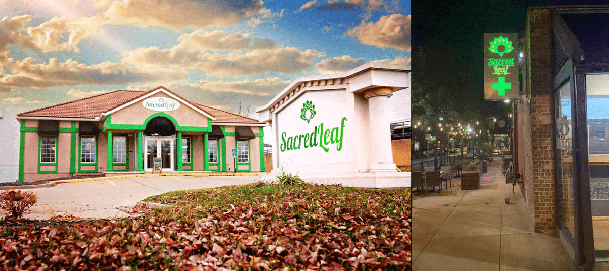 Two Sacred Leaf storefronts: one glowing with a white and green exterior in daylight, the other shining at night with a bright green Sacred Leaf sign above the sidewalk.