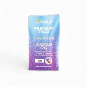 A box of Binoid THCa Vape Cart - Avatar OG HYBRID - 1g, labeled hybrid and featuring a USA flag emblem on the front.