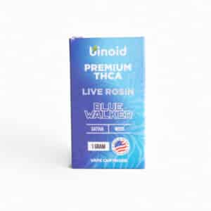 A blue Binoid box labeled “THCa Vape Cart - Blue Walker SATIVA - 1g,” featuring “Sativa,” “Move,” and an American flag icon, for a premium 1g vape cartridge.