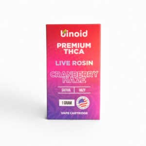 Rectangular box labeled "Binoid THCa Vape Cart - Cranberry Haze SATIVA - 1g" with a red to purple gradient design, sativa vape cartridge.