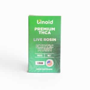 Green box labeled "Binoid THCa Vape Cart - Exotic Kush INDICA - 1g" with a USA flag icon on the front.